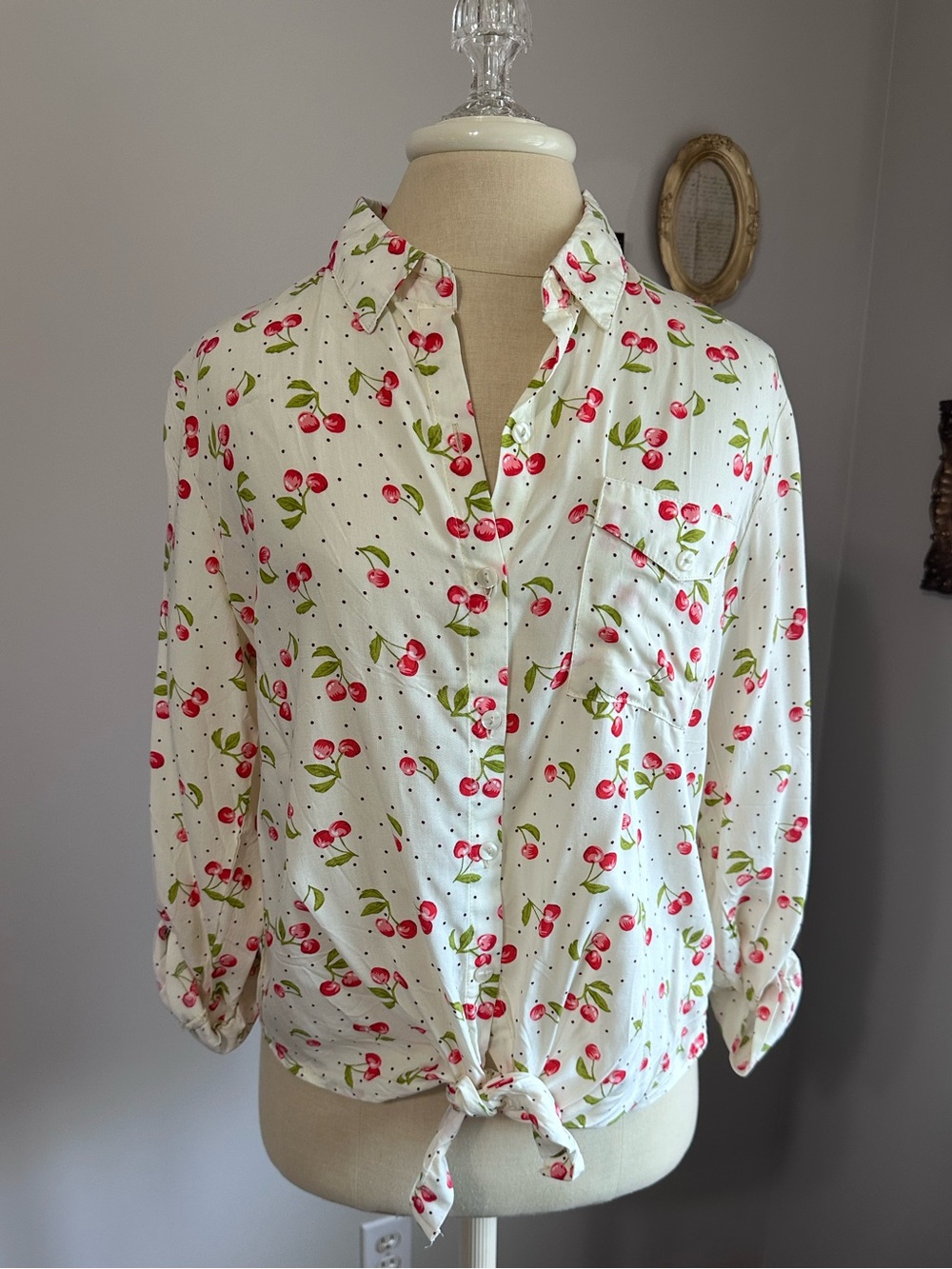 Love Notes White Cherry Print Tie-Front Button Down Shirt